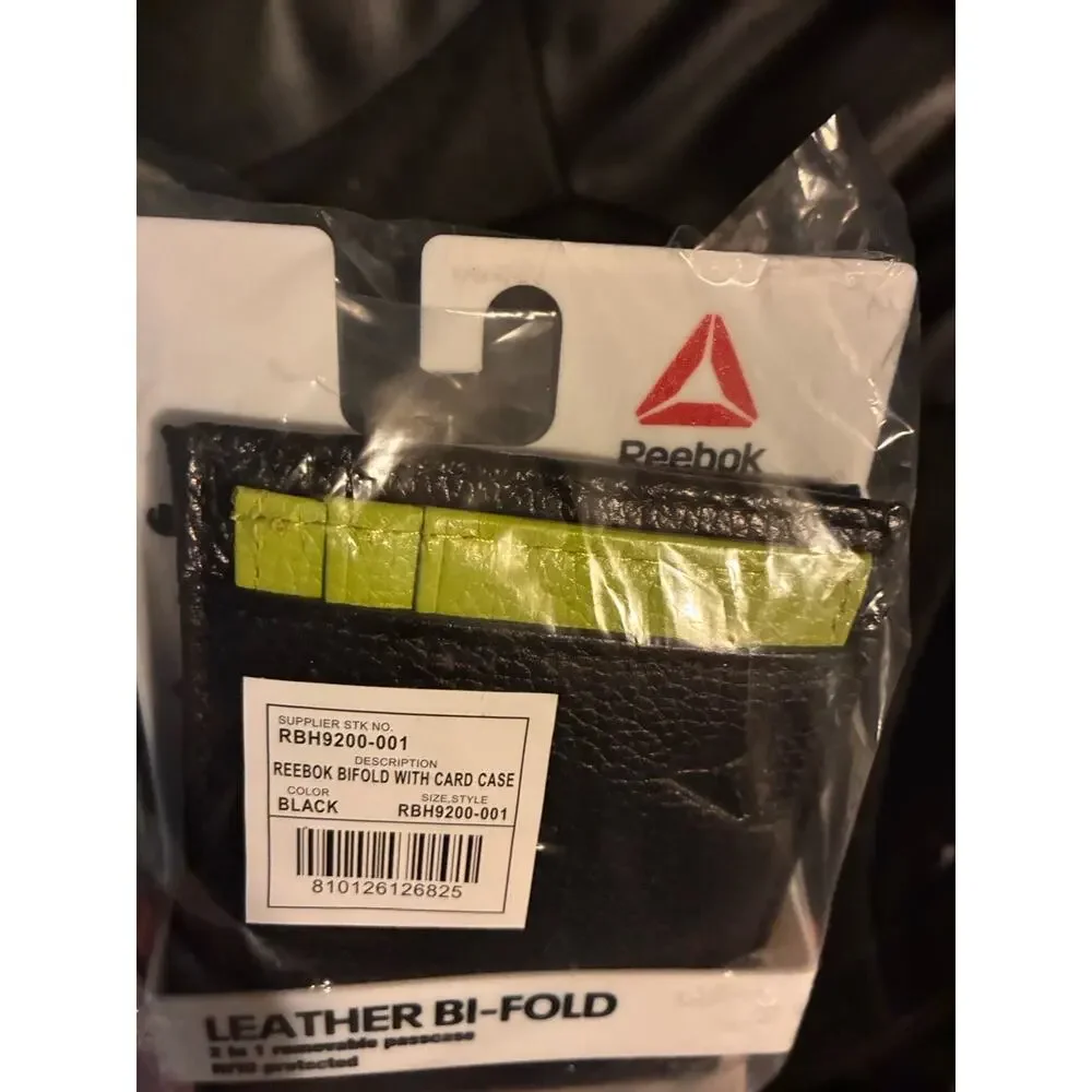 Reebok Men's Bifold Wallet RFID Blocking w/ Removable Passcase Black/Green